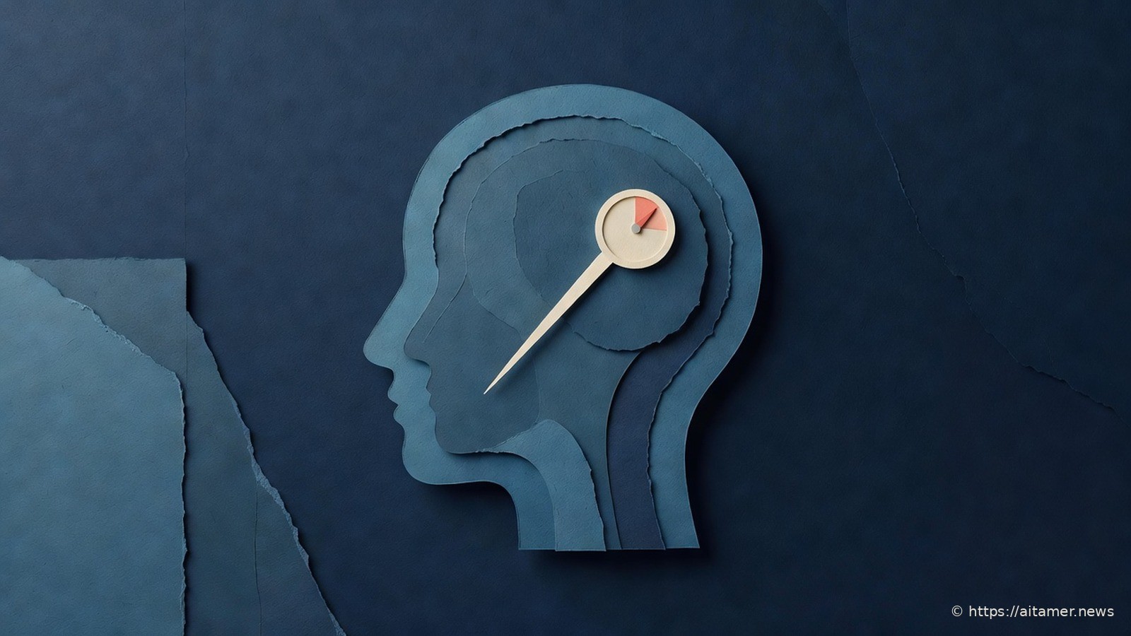 Paper-cut illustration of a layered blue head-shaped silhouette with a probe needle and dial gauge inserted into an inner layer, the dial pointing to a coral warning wedge.