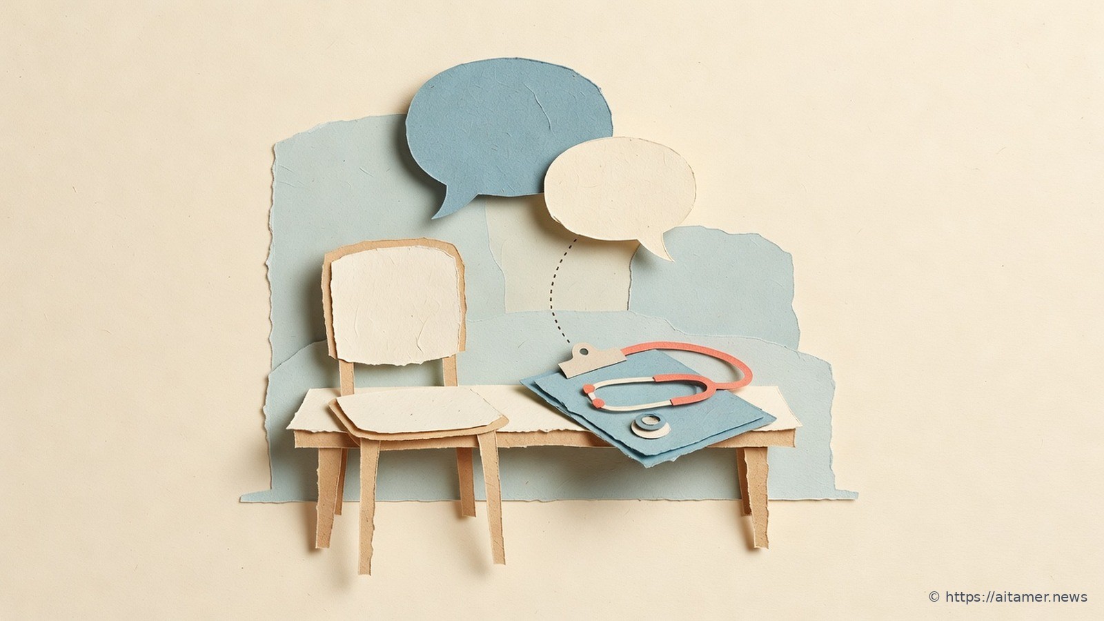 Paper-cut illustration of a clinic waiting bench with an empty chair, two speech bubbles above it and a clipboard with a coral stethoscope resting on the bench.