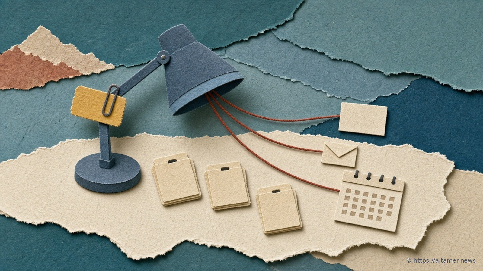 Paper-cut illustration of a slate desk lamp with a yellow badge clipped to its arm, rust threads to three blank folders, an envelope, a note card and a blank-grid calendar, on muted teal.