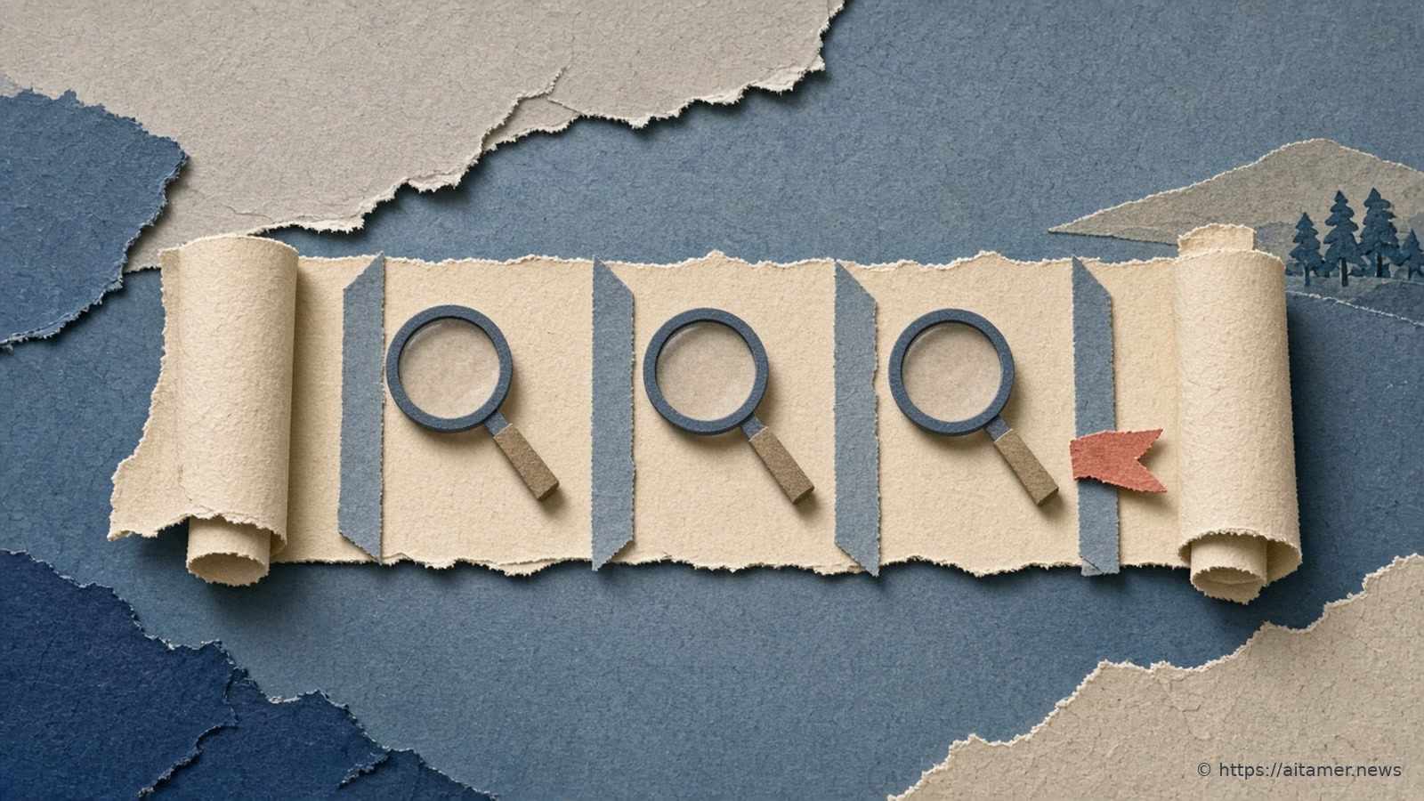 A cream paper scroll unrolled on a slate-blue ground, showing three navy magnifying glasses in a row and a small coral flag at one end.