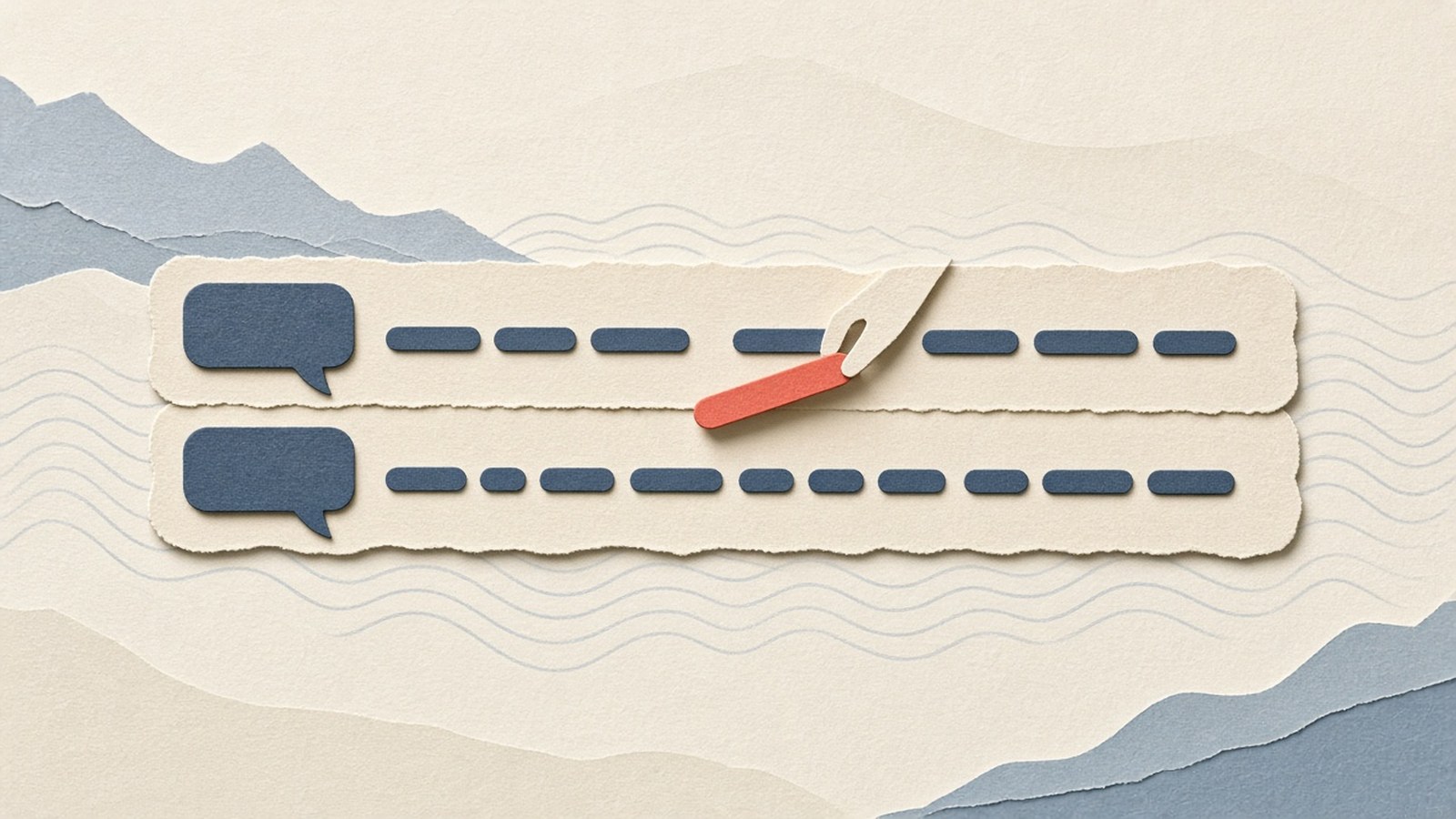A paper-cut collage of a cream transcript strip with two speaker lanes marked by slate-blue speech bubbles, where a paper hand lifts one coral word bar out of the upper lane, over faint sound-wave lines.