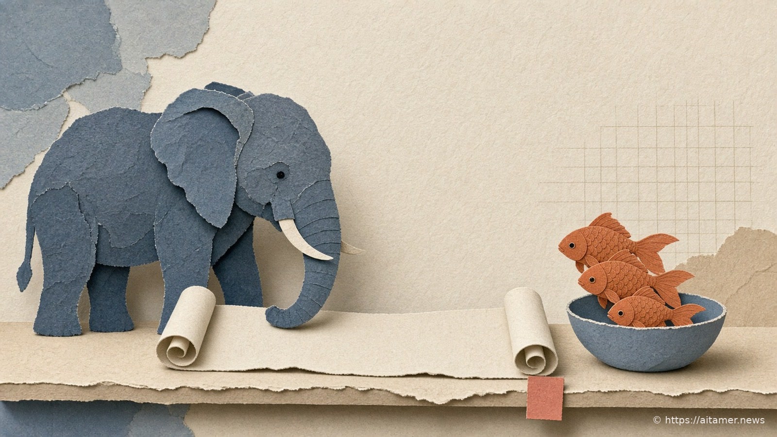 Cut-paper illustration of a slate-blue elephant resting its trunk on a long blank scroll while three small goldfish in a bowl lean over to read its end.