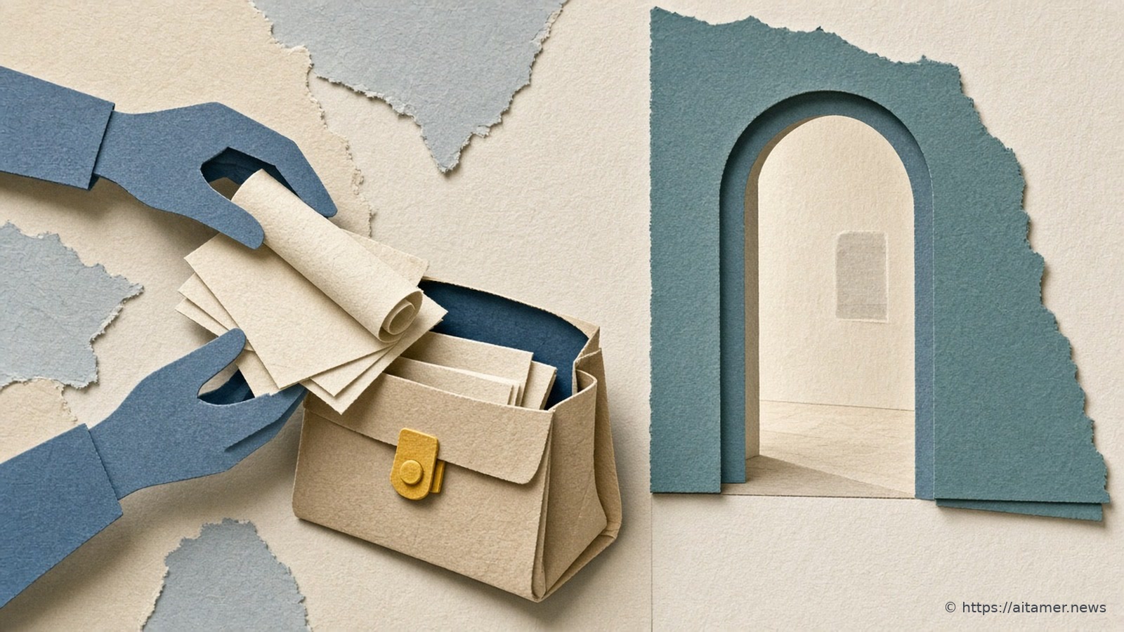 Slate-blue paper hands pack scrolls into a satchel beside an open doorway leading to a larger room.