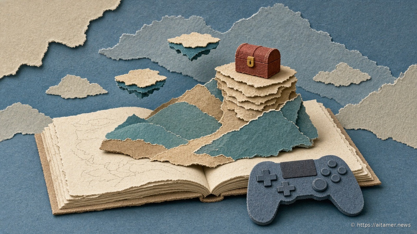 Paper-cut open cream sketchbook with teal and sand pop-up hills, rust chest, and a slate-blue controller in front.