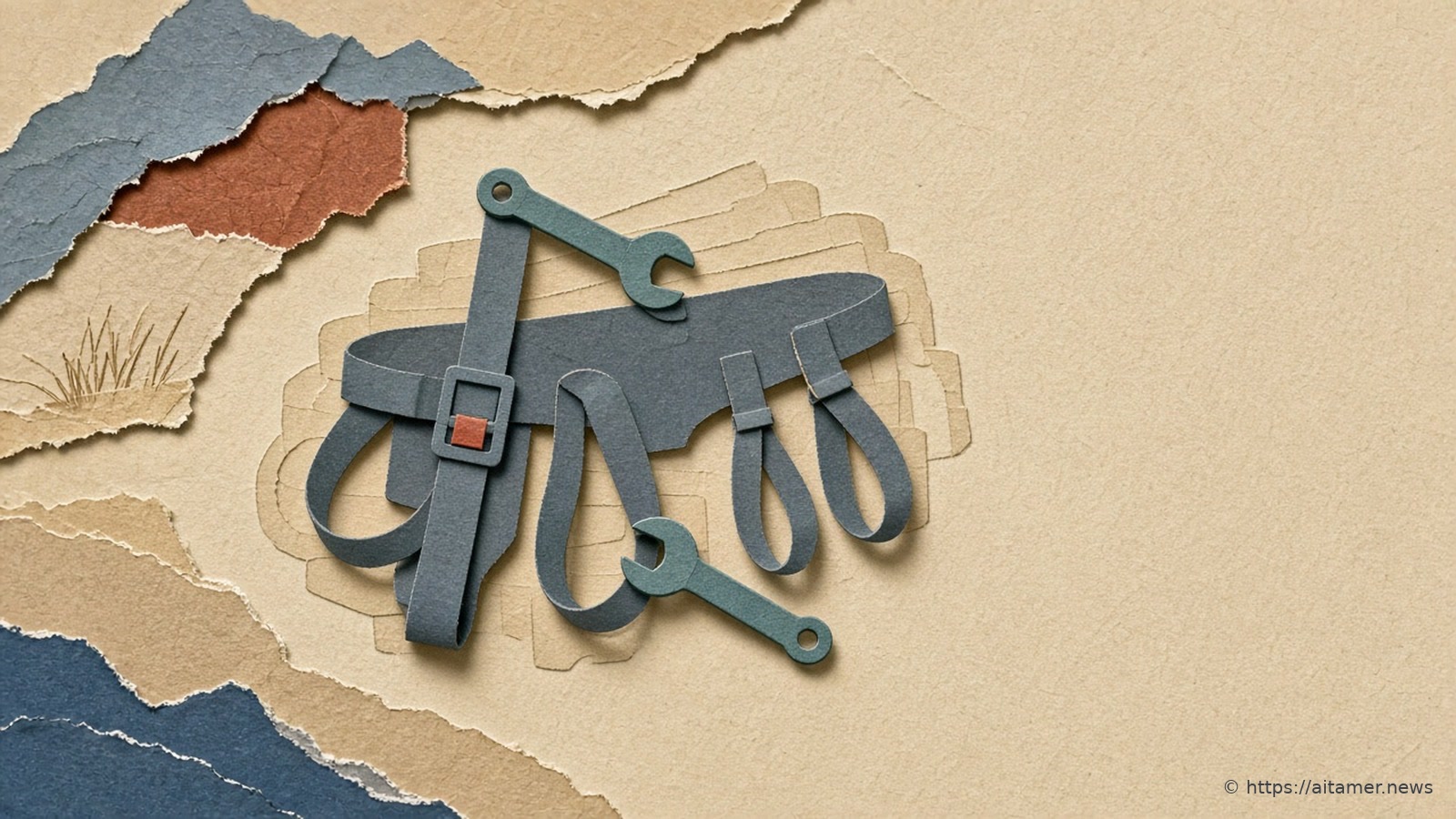 A slate-grey paper harness of straps and loops with a small rust buckle lies on sand paper between two teal paper wrenches, with faint outlines of nested harness shapes behind it.