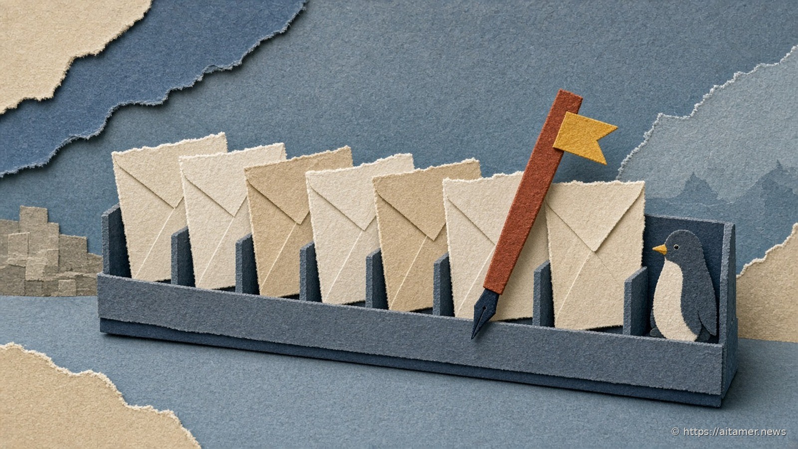 Paper-cut illustration of a slate rack of cream envelopes with a rust pen and a small yellow flag, and a plain paper penguin bookend, on steel-blue shelves.