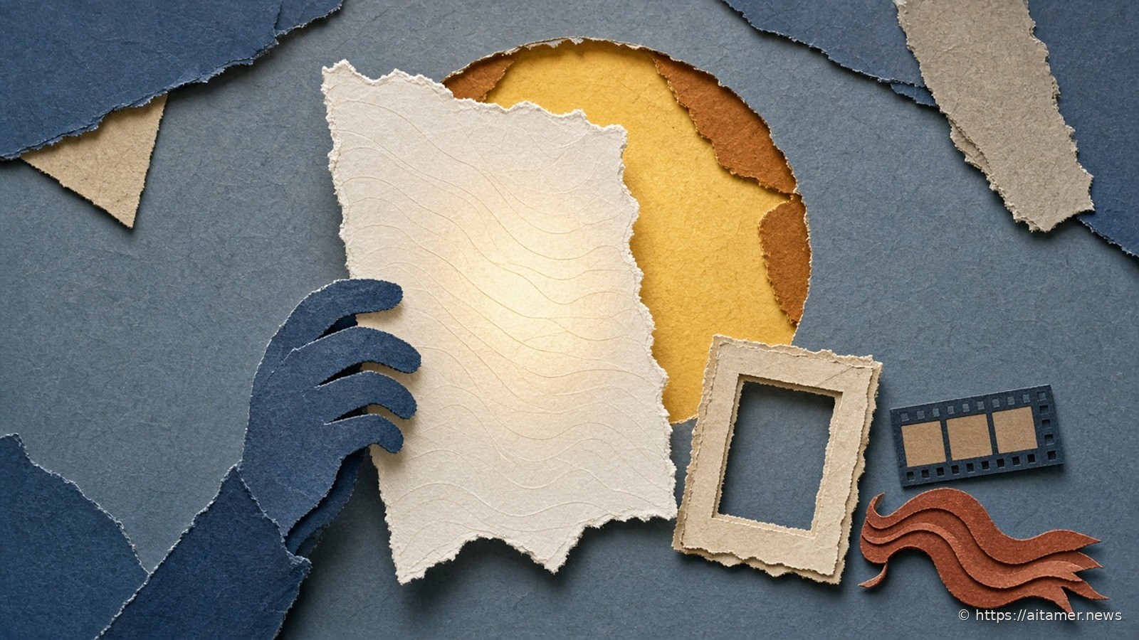 Paper-cut slate-blue hand holding a cream sheet before a yellow lamp, faint watermark waves in the sheet, cream frame and rust ribbon.
