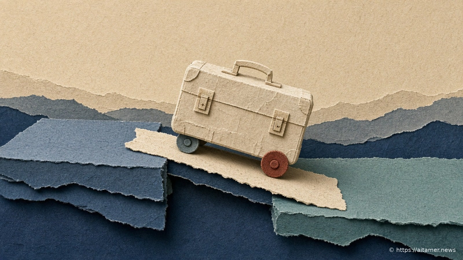 A sand paper suitcase on one grey and one rust-red wheel rolls along a sand paper ramp from a stack of slate-blue paper layers toward a muted teal platform, against torn sand and navy paper hills.