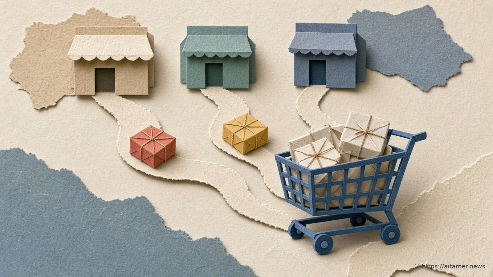 Three small paper storefronts with paths leading to a slate-blue shopping cart of mixed parcels on cream layers.