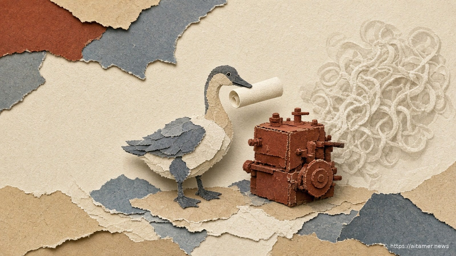 A paper goose holding a blank scroll stands beside a compact rust-colored engine, with a tangled cream machine fading in the background.