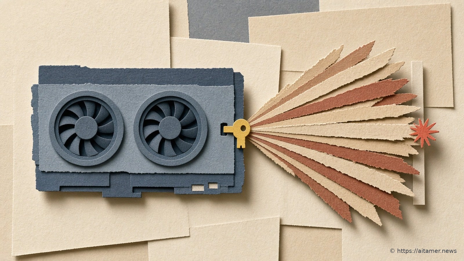 Cut-paper illustration of a slate-blue graphics card with two fans, a small yellow key turned in its edge and a wide fan of sand and rust paper strips opening outward toward a coral spark.