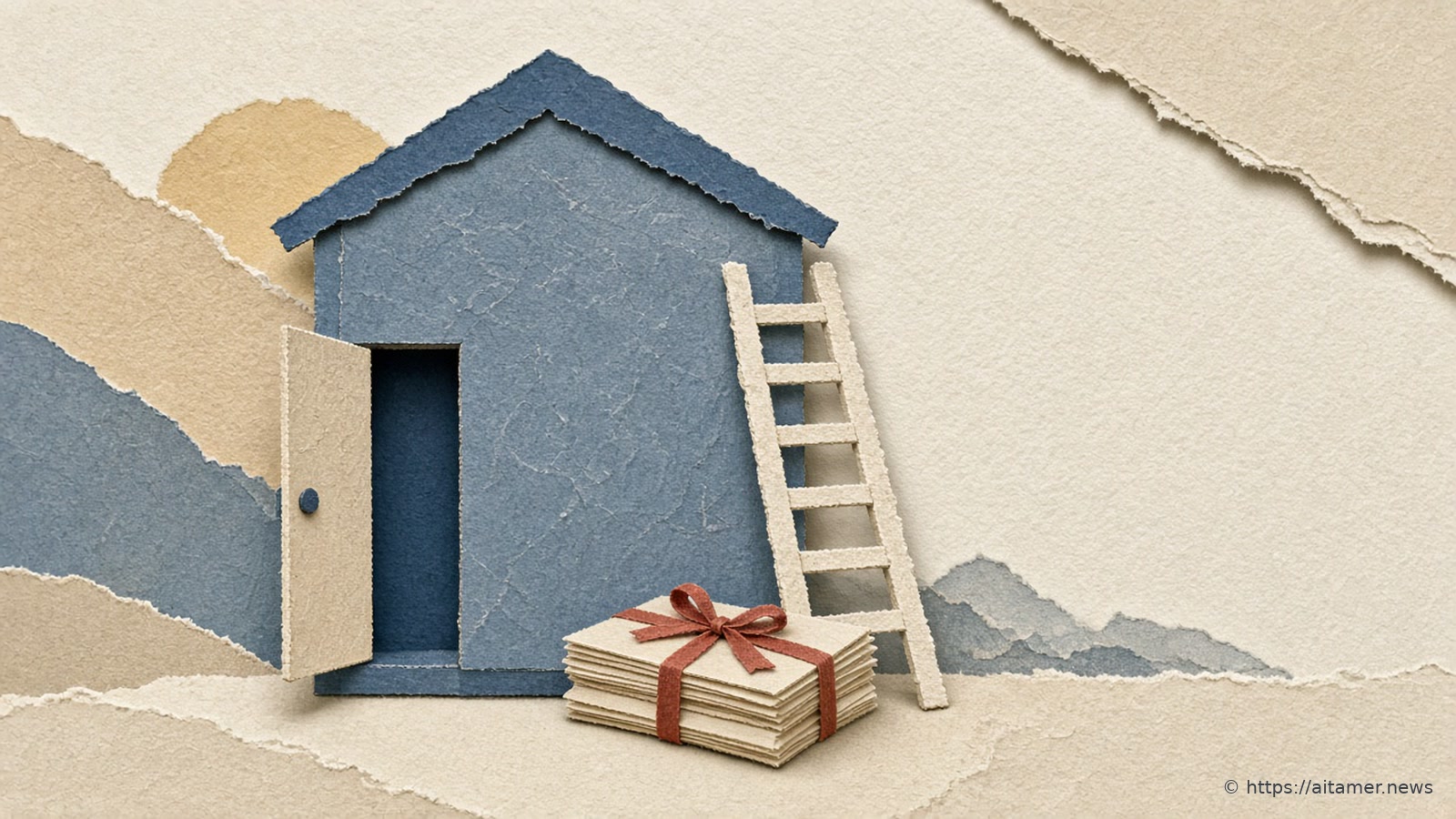 A cut-paper scene: a slate-blue paper house with its cream door open, a cream paper ladder leaning on its side, and a stack of cream folders tied with a rust-red ribbon in front, set against torn blue and sand paper hills.