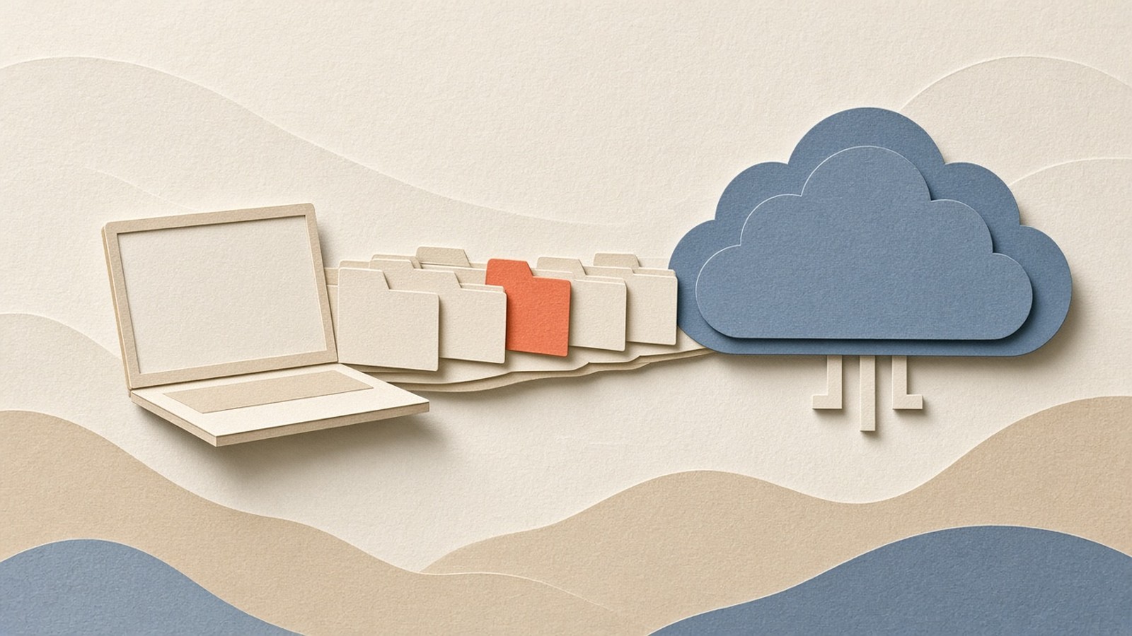 Paper-cut collage of a cream laptop facing a slate-blue cloud computer, with a stream of cream folders between them and one coral folder accent.