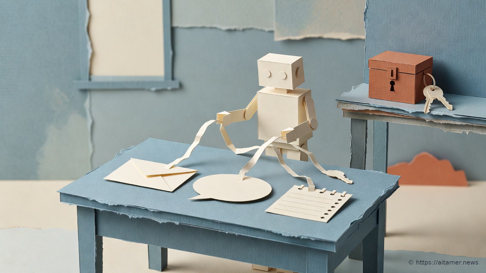 Paper-cut cream robot at a slate-blue desk running three cream cords to a blank envelope, a blank speech bubble and a blank notepad page, while a small rust-colored locked box with its keys sits apart on a high shelf, out of the robot's reach.
