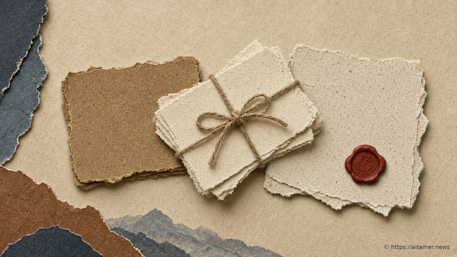 Cut paper of a tied sheaf of blank sheets passing between two desk blotters, with an unpressed red wax seal.