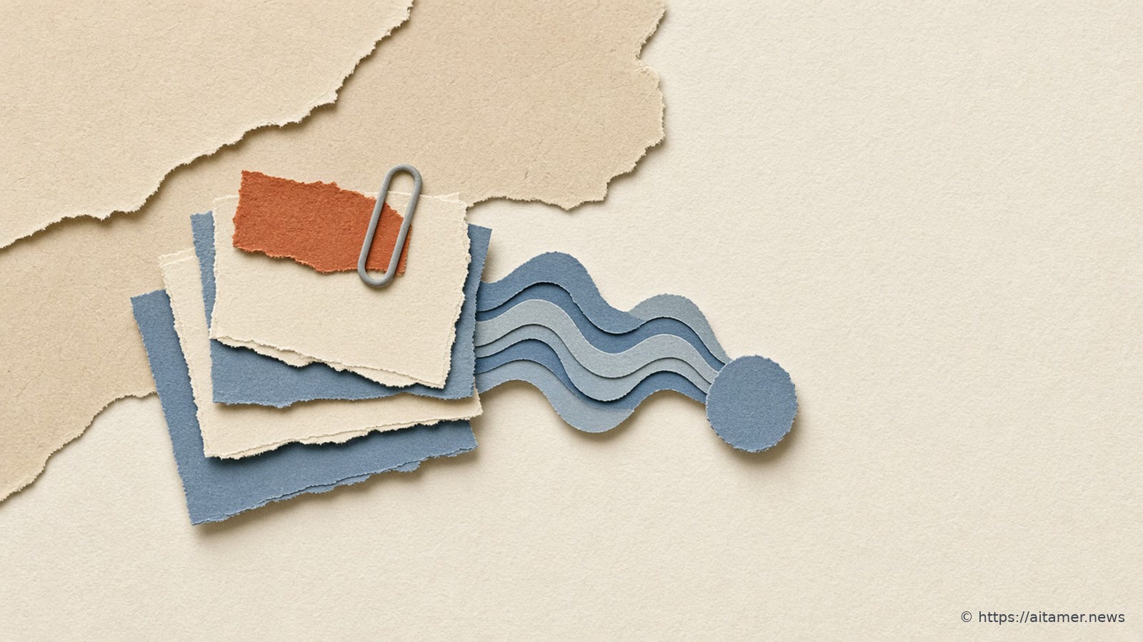 A cut-paper scene: a small stack of slate-blue and cream paper sheets held by a grey paper clip, a rust-red tab on top, with a dusty-blue layered sound-wave ribbon running from the stack to a round slate-blue disc, and torn sand paper layers along the top left.