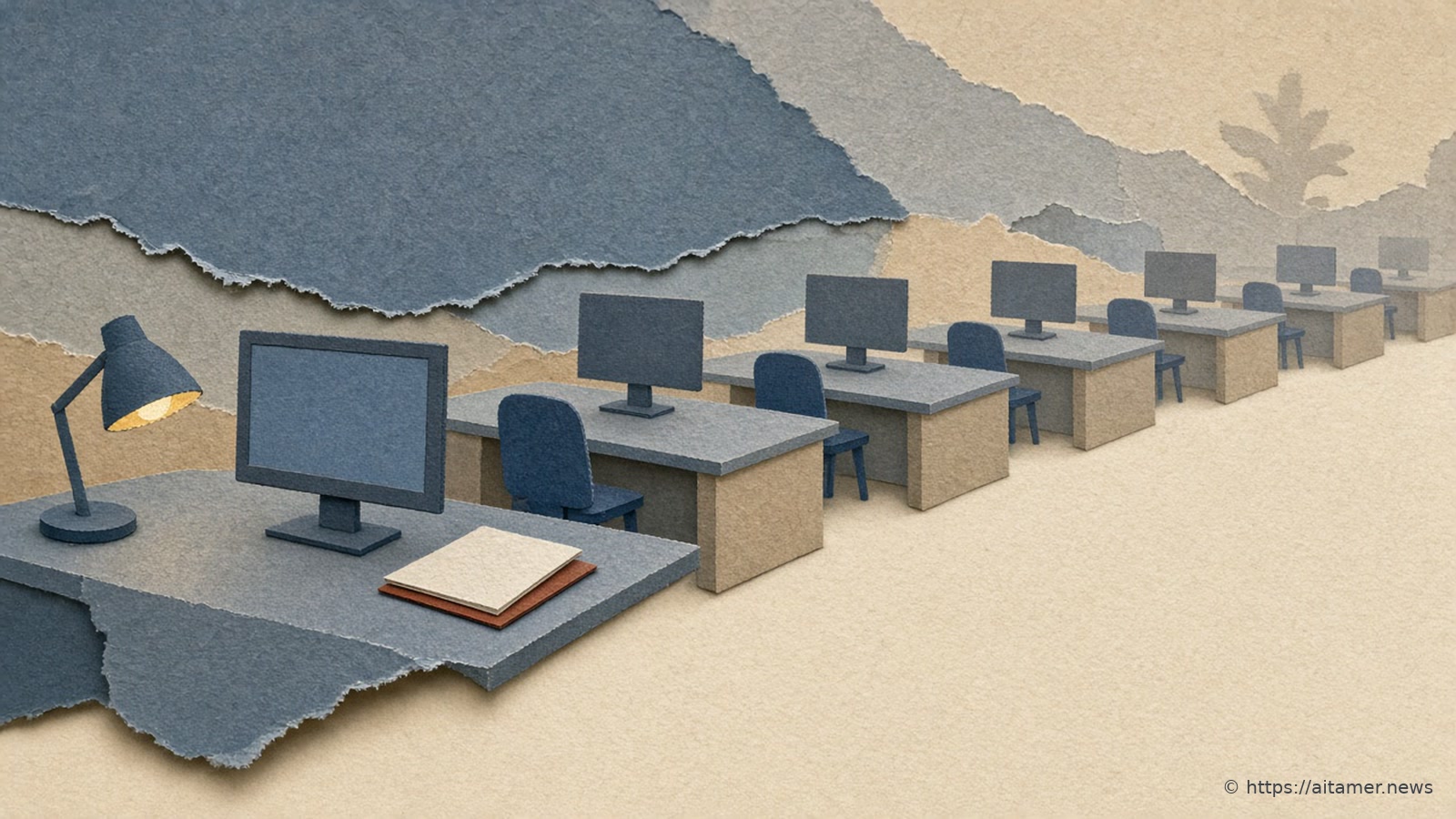 Cut-paper open office with a row of separate desks and blank monitors receding, a lit desk lamp and a closed folder on the nearest desk.