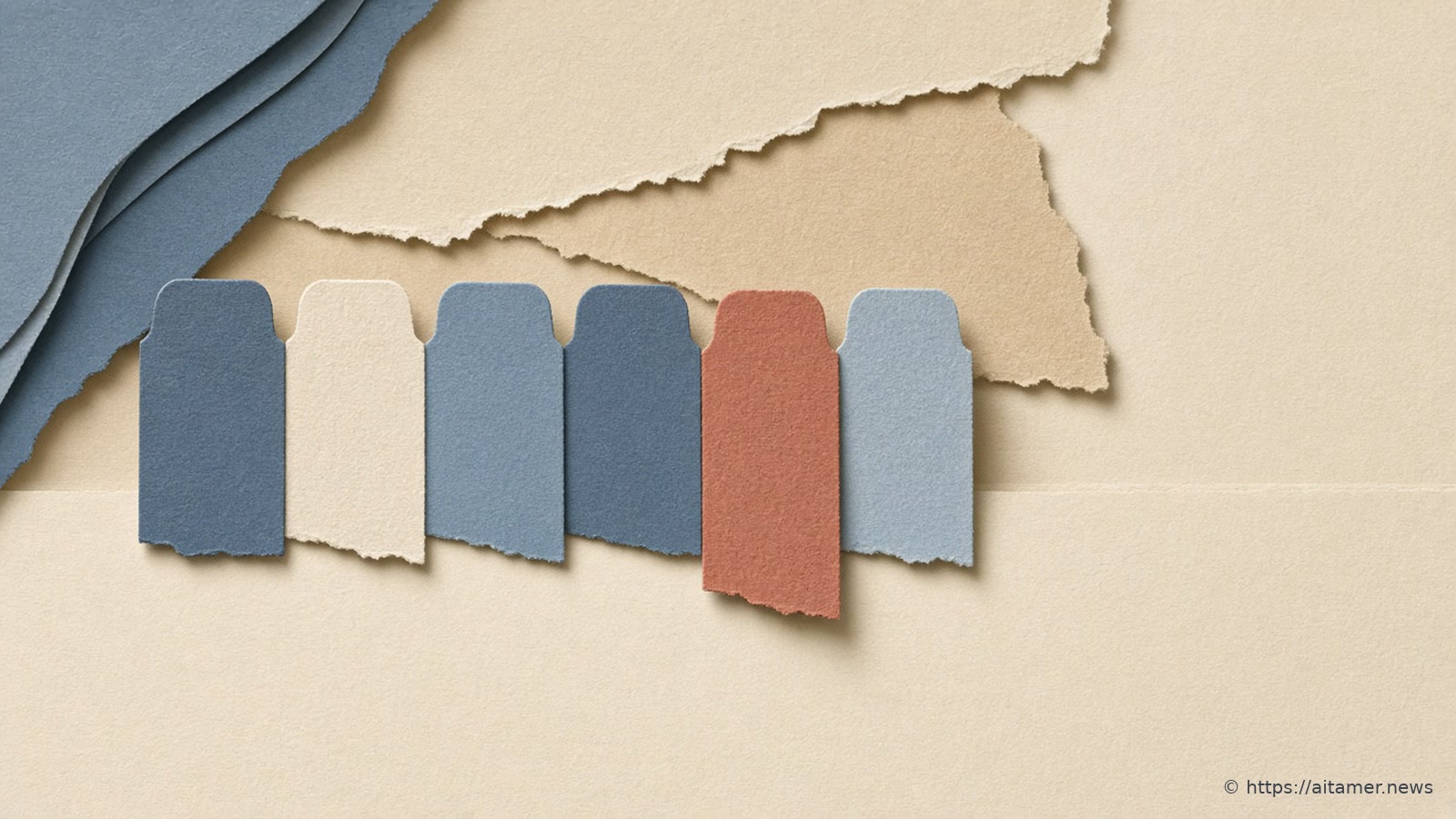 A cut-paper scene: a row of six index tabs in slate blue, cream, dusty blue, and pale blue sits on cream paper, one rust-red tab pulled lower than the rest, with torn slate and sand paper layers filling the top left.