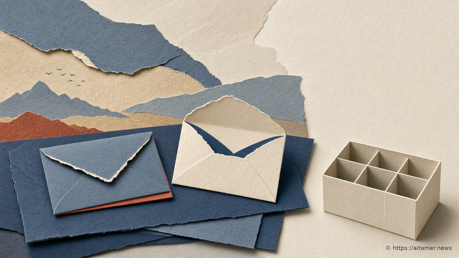 A cut-paper desk: a sealed slate-blue envelope with a rust-red edge and an open, empty cream envelope lie on stacked navy paper beside a small cream pigeonhole organizer, under torn-paper hills with tiny birds.