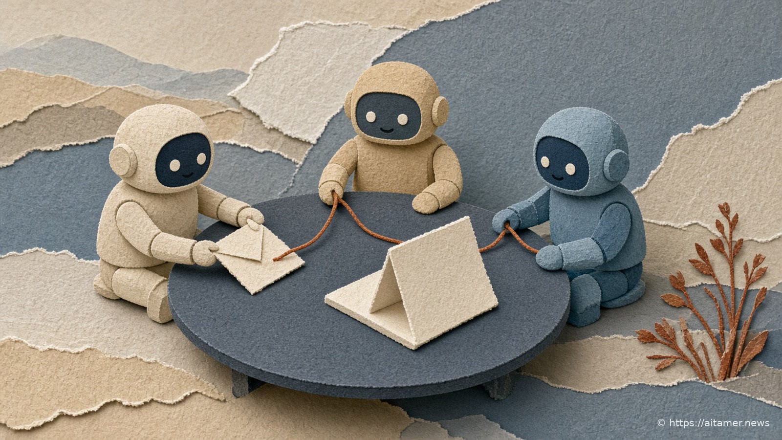 Three cut-paper robots in cream, sand and slate-blue sit around a round slate-blue paper table, passing a cream folded page along a thin rust-brown cord.