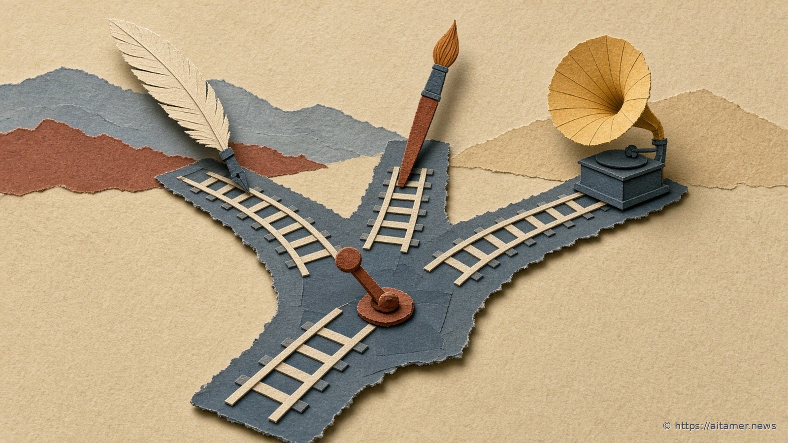Paper-cut slate track junction splitting to a cream quill, rust brush, and yellow gramophone, with a rust switch on sand.