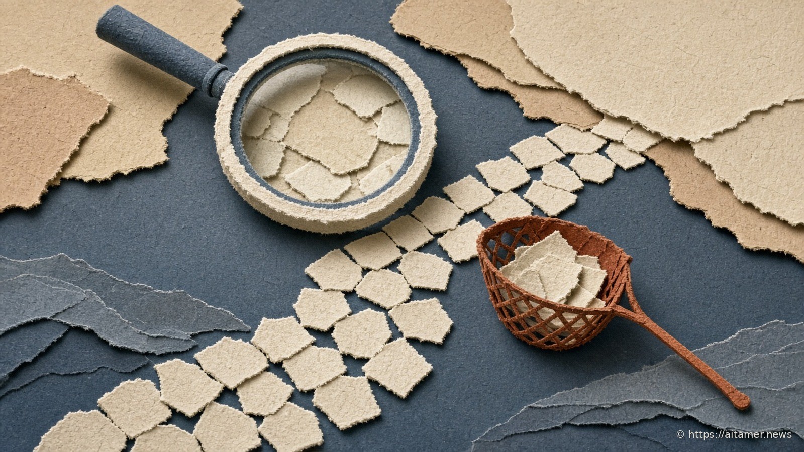 Paper-cut cream magnifier over a river of blank paper slips on slate ground, with a rust net lifting a few slips out.