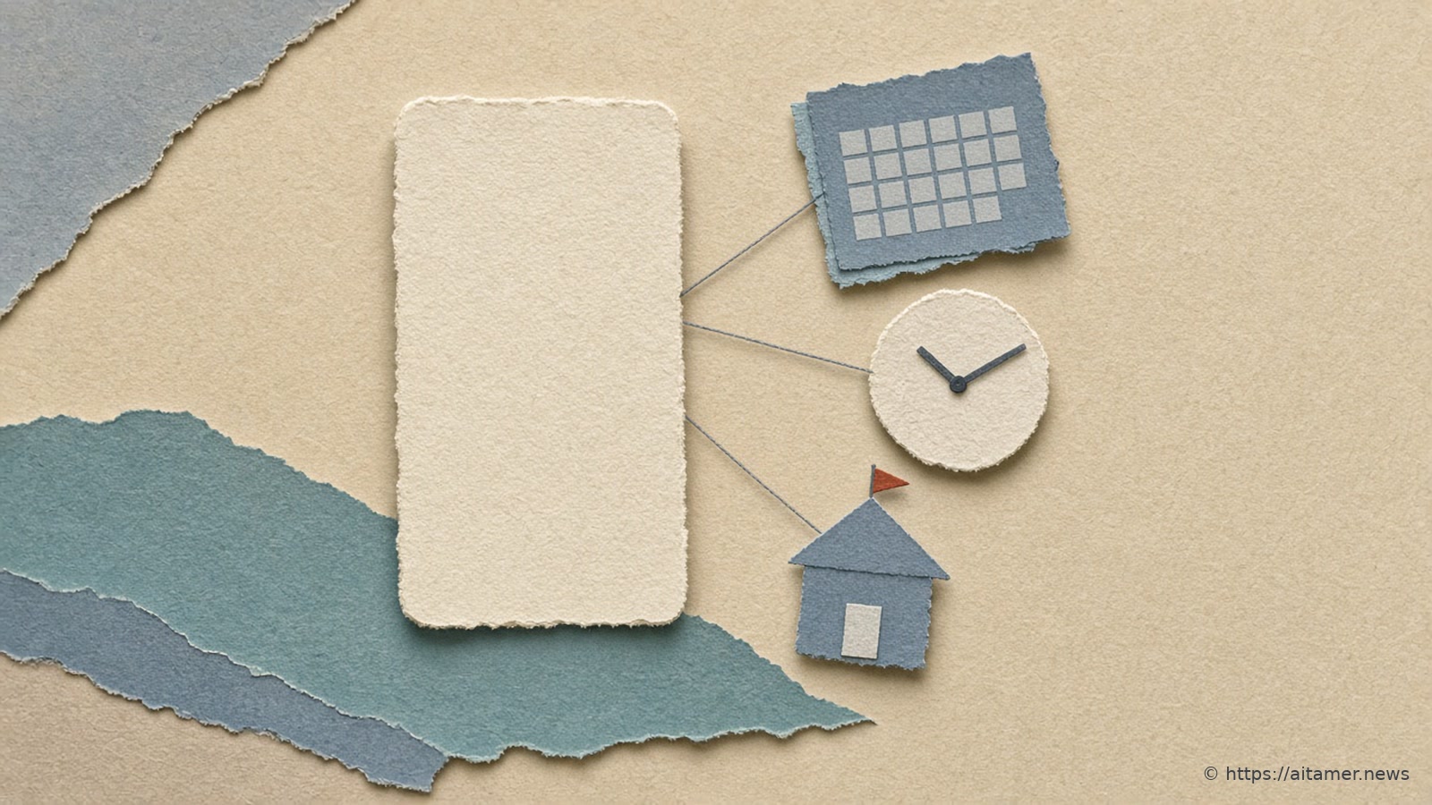 Cut-paper illustration of a blank cream phone-shaped card with three small paper pieces fanning out on slate-blue threads: a dusty-blue calendar grid, a round ivory clock, and a steel-blue house with a tiny rust-red flag, over a muted teal torn-paper wave.