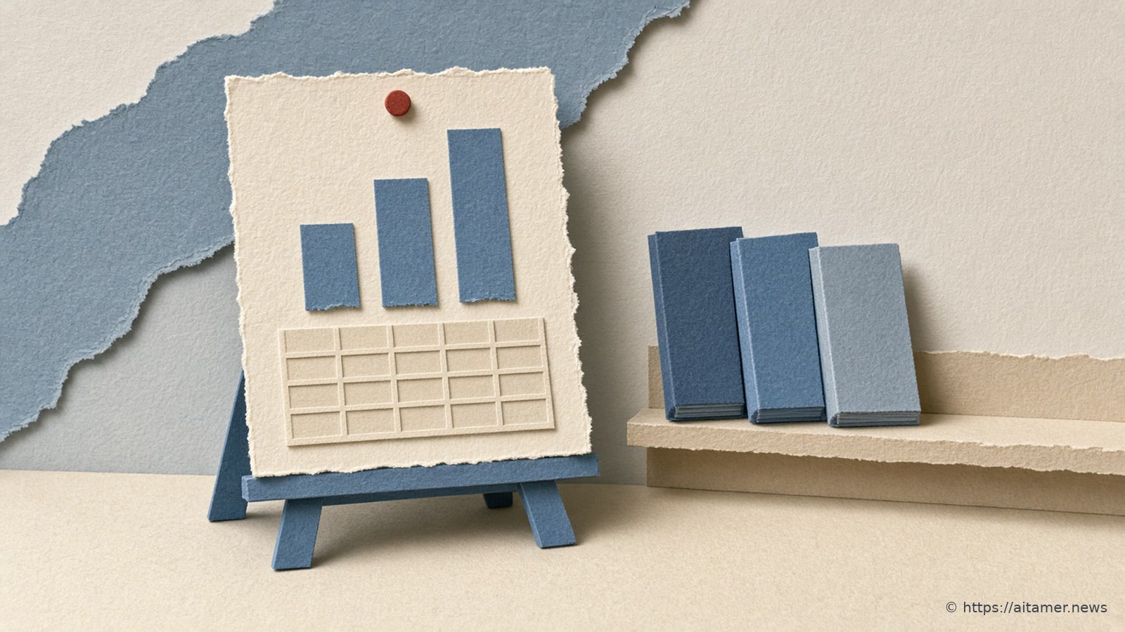 Cut-paper illustration of a cream report sheet with a blue bar chart and a blank table, pinned to a small slate-blue easel beside three blue folders on a sand shelf.