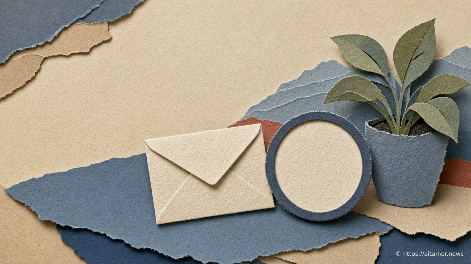Cut-paper kitchen table with a closed cream envelope, a blank slate-rimmed clock face, and a small houseplant.