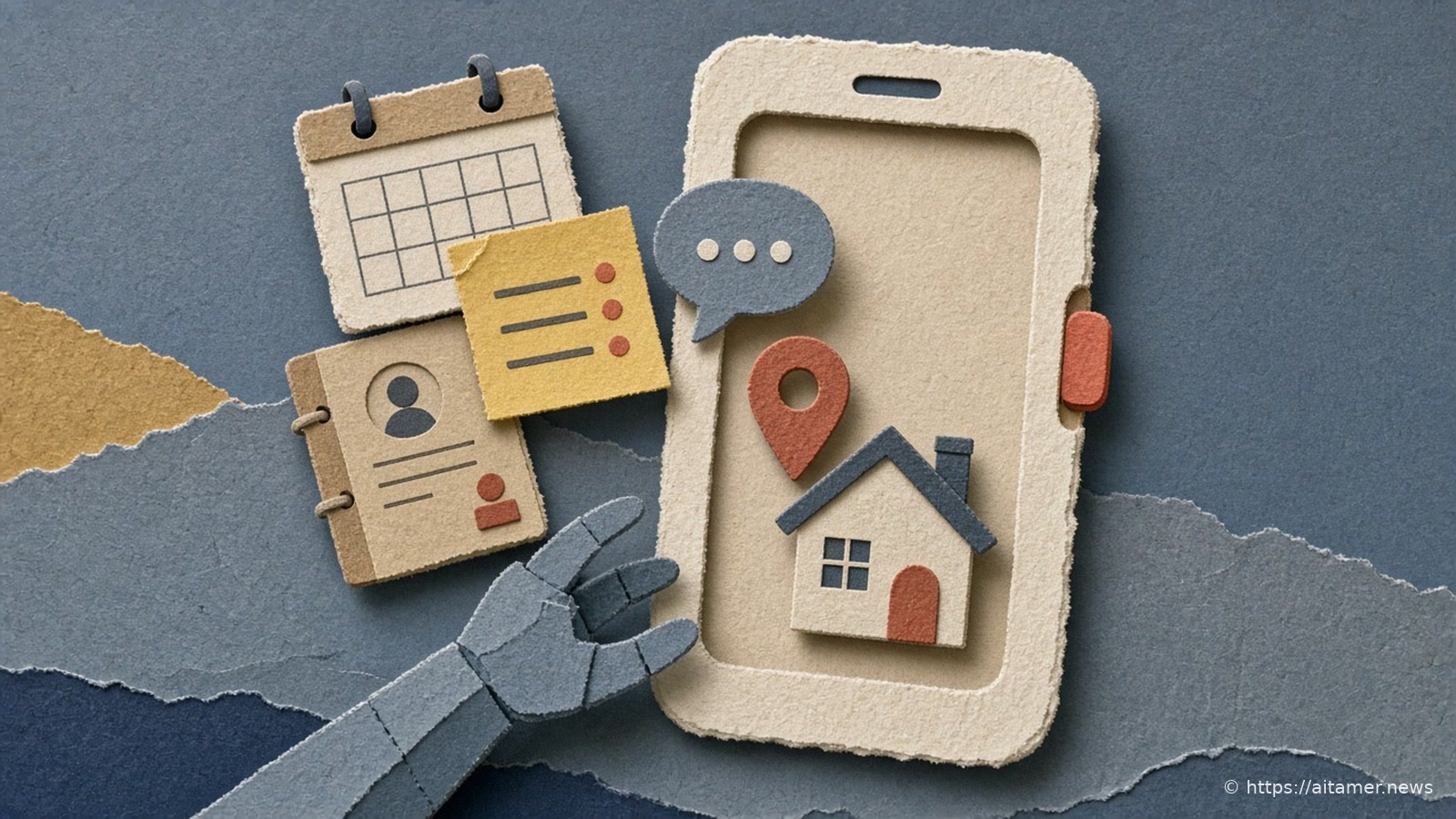 Paper collage of a cream smartphone with a calendar, a sticky note, a contact card, a speech bubble, a map pin and a small house around it, as a paper robot hand reaches in.
