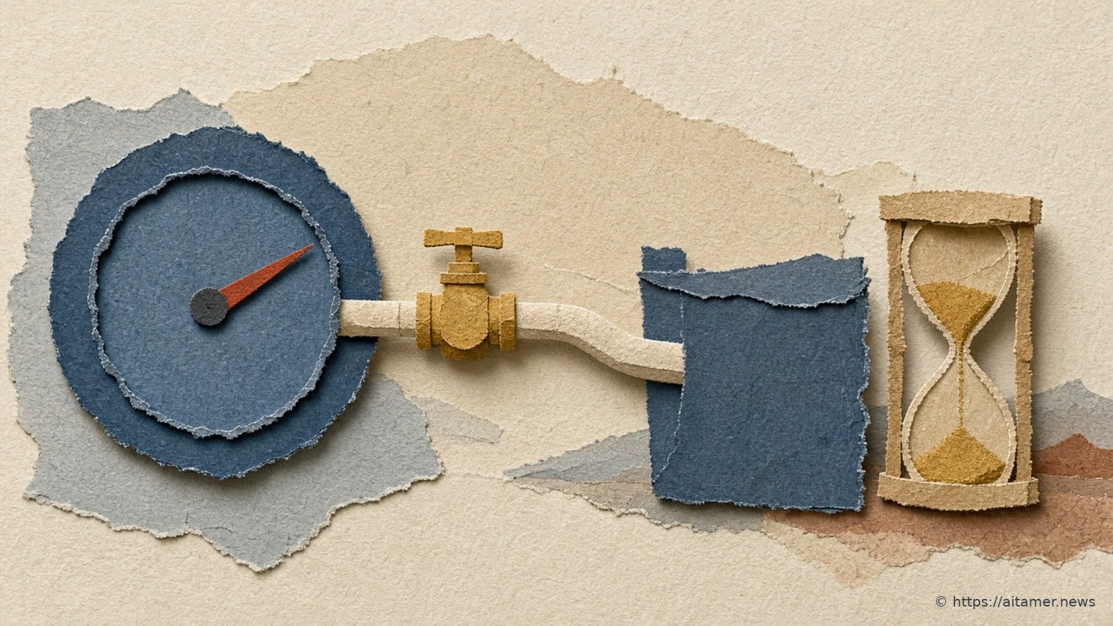 A cut-paper slate-blue fuel gauge with a rust needle, cream pipes through a brass valve into a slate folder, and a sand hourglass beside them.