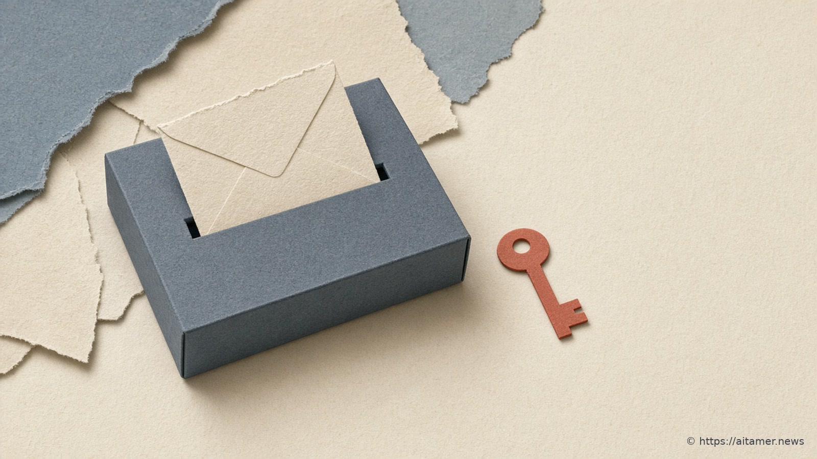 A cut-paper scene: a cream sealed envelope sits half out of the slot of a closed slate-blue box, a small rust-red key rests on cream paper beside it, and torn slate and cream paper layers fill the top left.