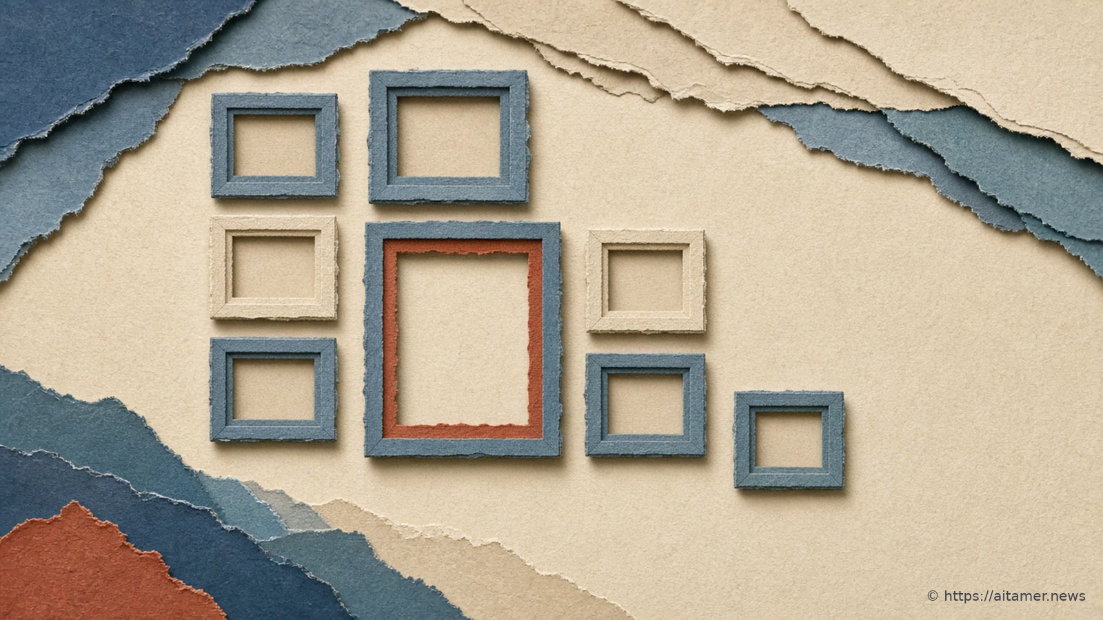 Cut-paper wall of small empty frames in slate blue and cream, with a larger rust-lined frame in the middle, between torn blue paper layers.