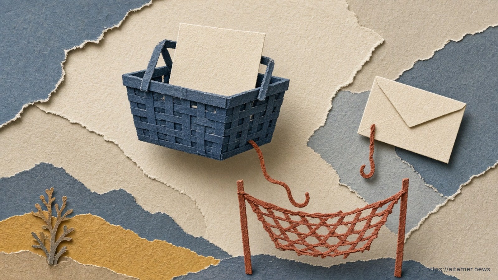 A navy woven paper shopping basket holding a card, trailing a red thread toward a rusty-red paper safety net, with a hooked envelope to the side.