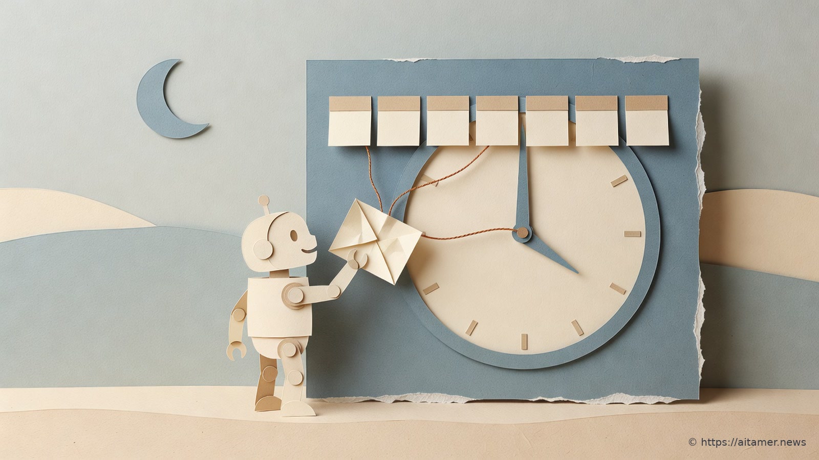 Paper-cut cream robot holding a folded note beside a slate-blue board with a large blank clock face and a row of seven blank tabs, a rust thread linking the clock hand to the note, under a dusty-blue crescent moon.