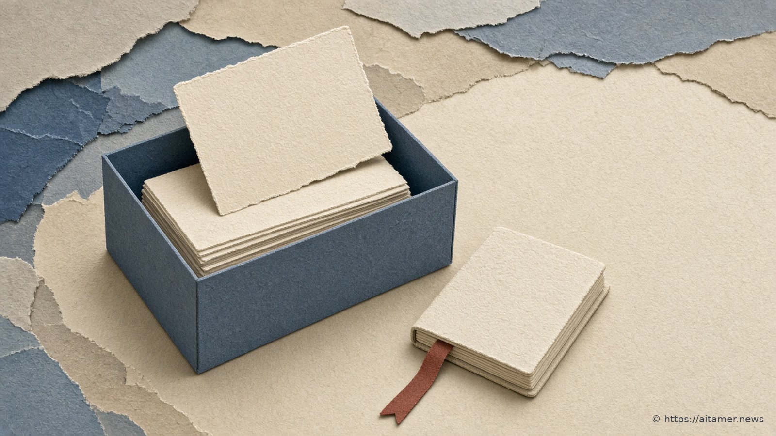 A cut-paper scene: an open slate-blue box holds a stack of blank cream cards with one card lifted out, a small closed cream notebook with a rust-red ribbon bookmark lies beside it, and torn slate and cream paper layers line the top and left edges.