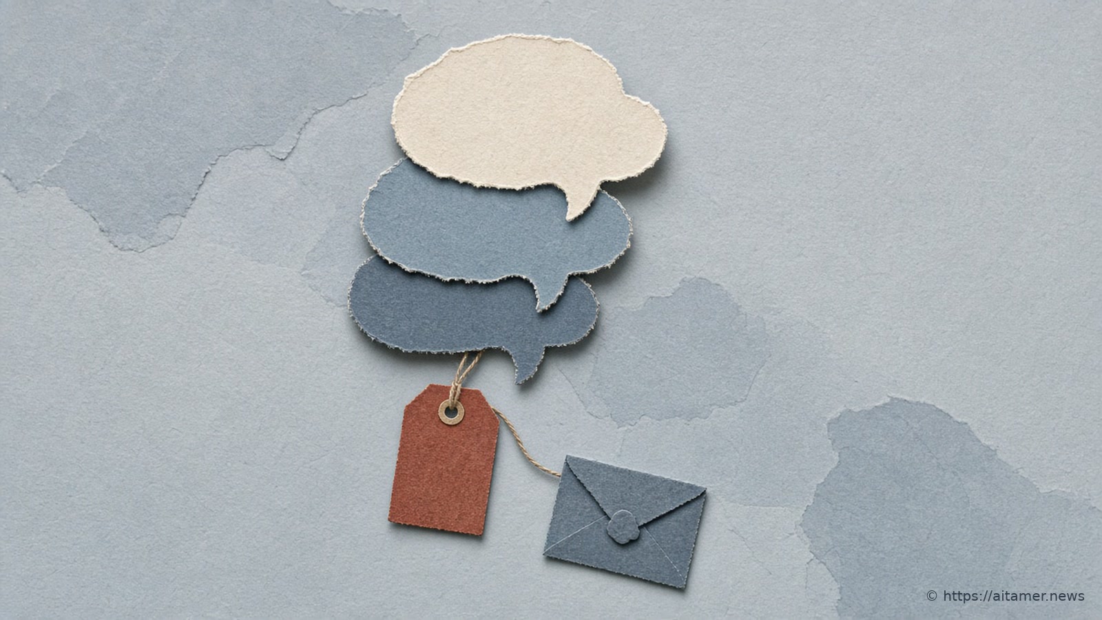 A cut-paper scene: three blank speech bubbles in cream and dusty blue stacked like a reply thread on pale slate-blue paper, with a small rust-red luggage tag tied by string to the lowest bubble and the string curving to a closed slate-blue envelope below.