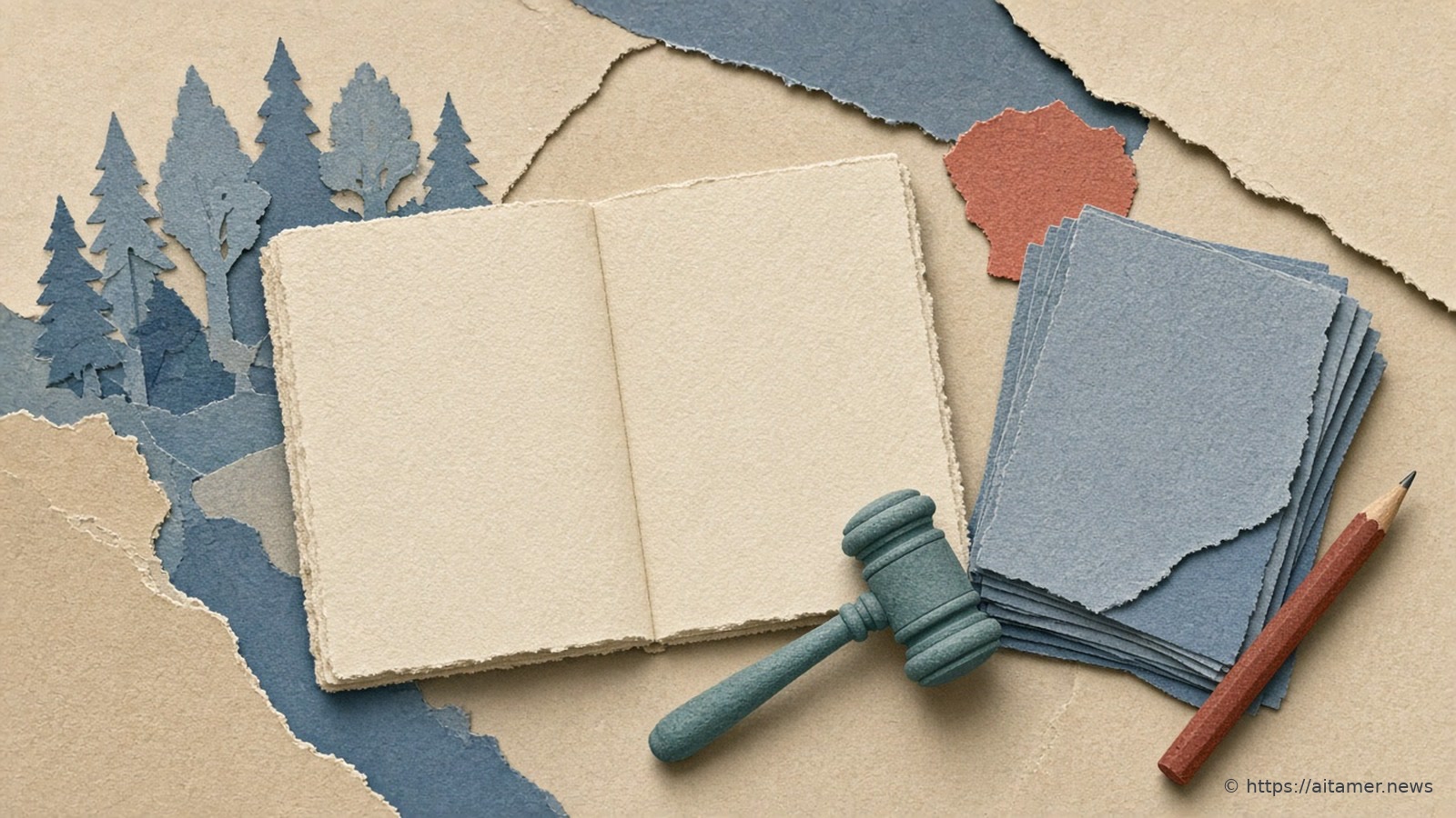 An open blank cream paper book beside a teal paper gavel, a stack of blue sheets and a red pencil, with blue paper trees at the edge.
