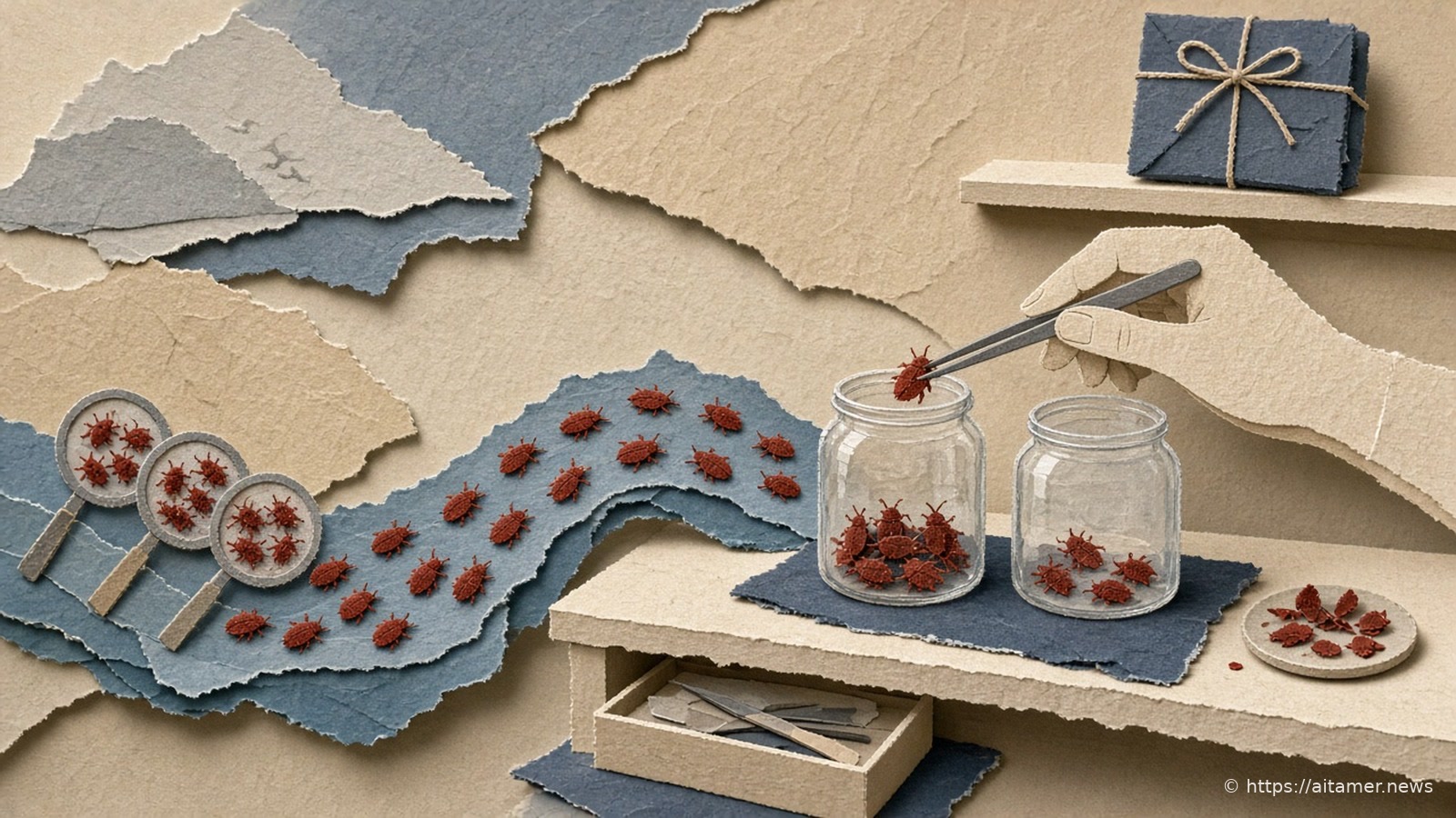 Paper collage of a hand with tweezers dropping small red beetles into jars, as more arrive from magnifiers while a wrapped parcel waits on a shelf.