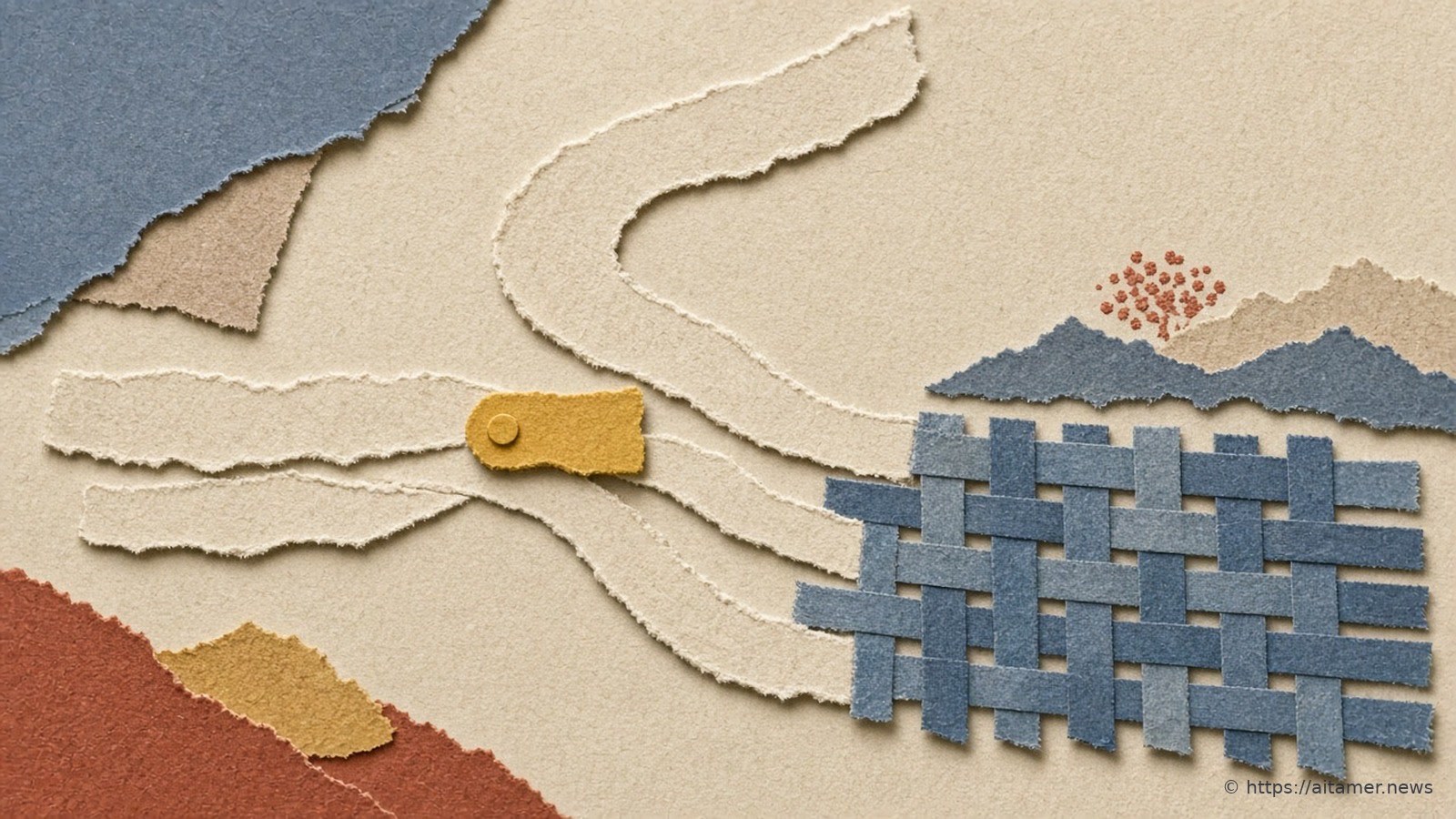 Winding cream paper paths that end in a woven slate-blue paper lattice, with a small sulfur-yellow tag on a thread beside it.