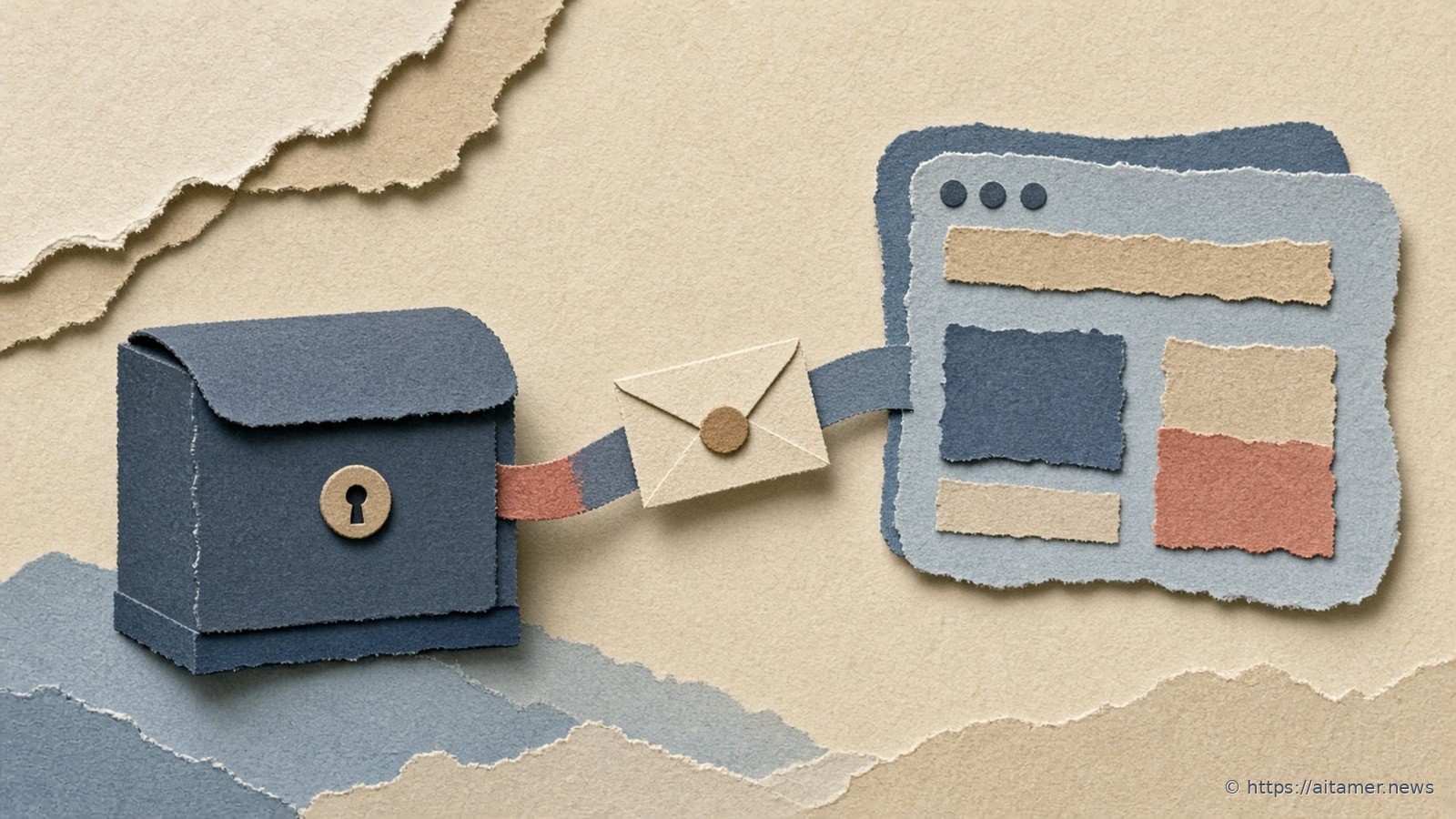 Paper-cut slate lockbox with a tan keyhole medallion beside a torn-edge browser window, linked by a cream sealed envelope on a terracotta-and-slate ribbon.