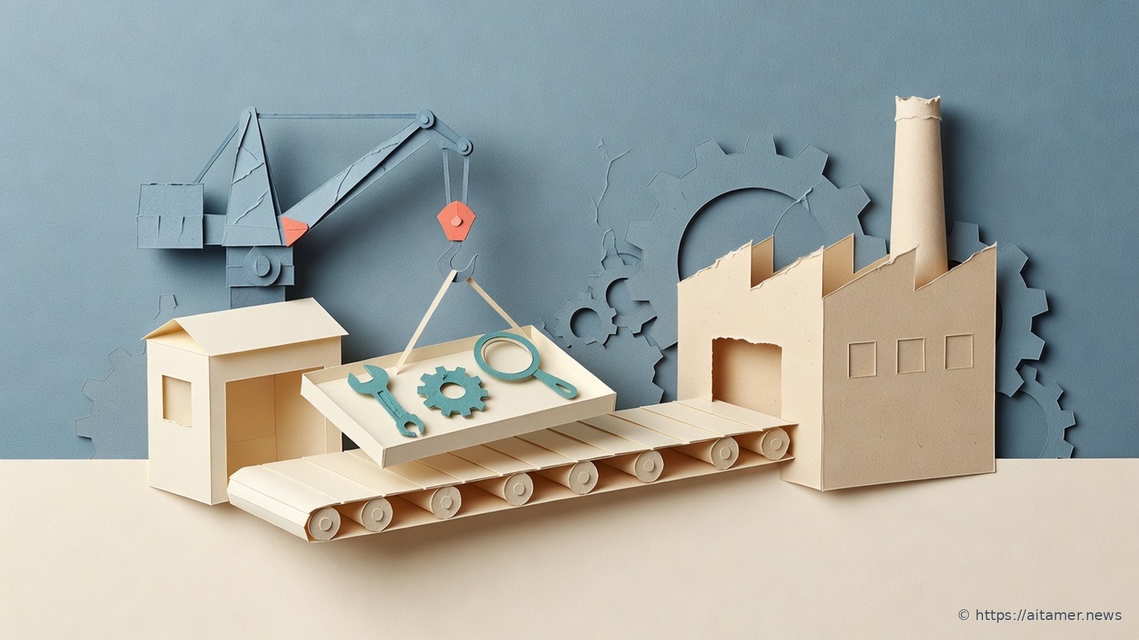Paper-cut illustration of a crane lifting a tray of teal paper tools from a small workshop onto a long conveyor that runs into a larger paper factory.