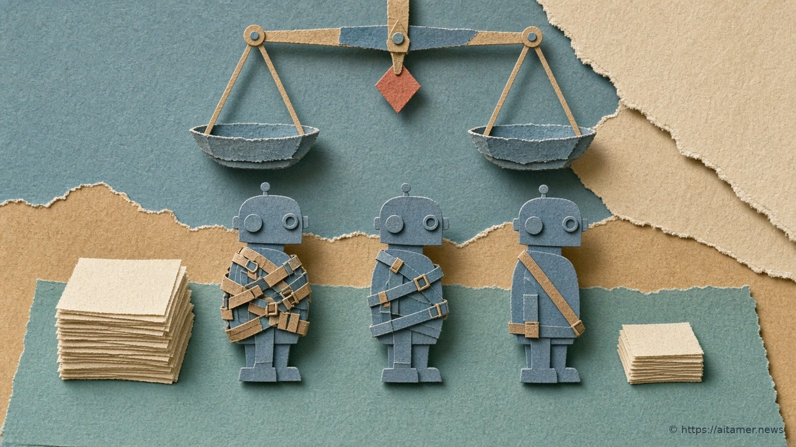 Cut-paper illustration of three robot figures in harnesses of very different complexity under a nearly level balance scale, with stacks of paper slips showing differing cost.