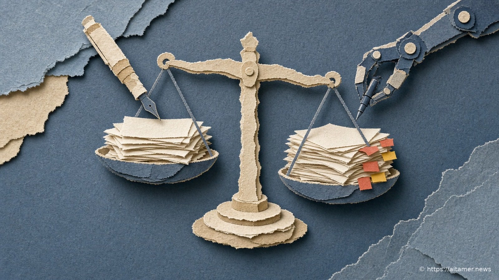 Paper collage of a balance scale weighing two stacks of blank pages, one under a fountain pen and one under a mechanical arm, the tabbed stack lower.