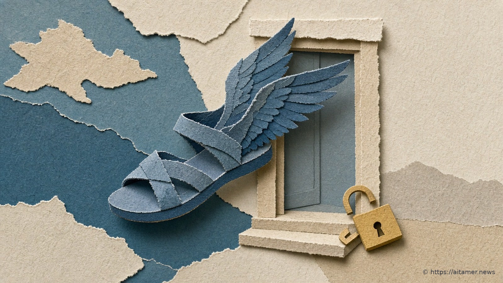 A slate-blue cut-paper winged sandal steps over a cream doorway threshold, with a small open sulfur-yellow padlock beside the step.