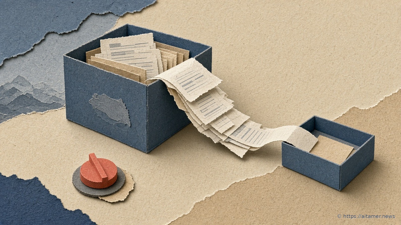 A cut-paper transfer crate pouring an accordion cream slip into a smaller steel-blue inbox, with a coral toggle unused beside it on sand paper.