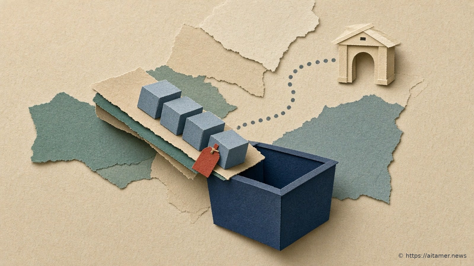 Blue-grey paper parcels slide down a short chute into a navy bin, while a faint dotted path loops the long way through a small gatehouse.
