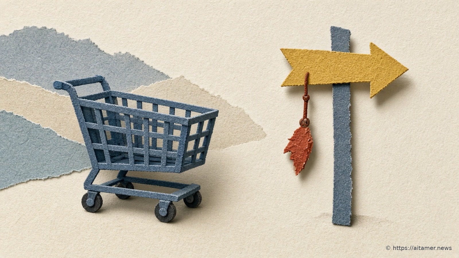 A slate-blue cut-paper shopping cart beside a signpost whose sulfur-yellow arrow points away, a small rusty-red hook dangling from the sign.