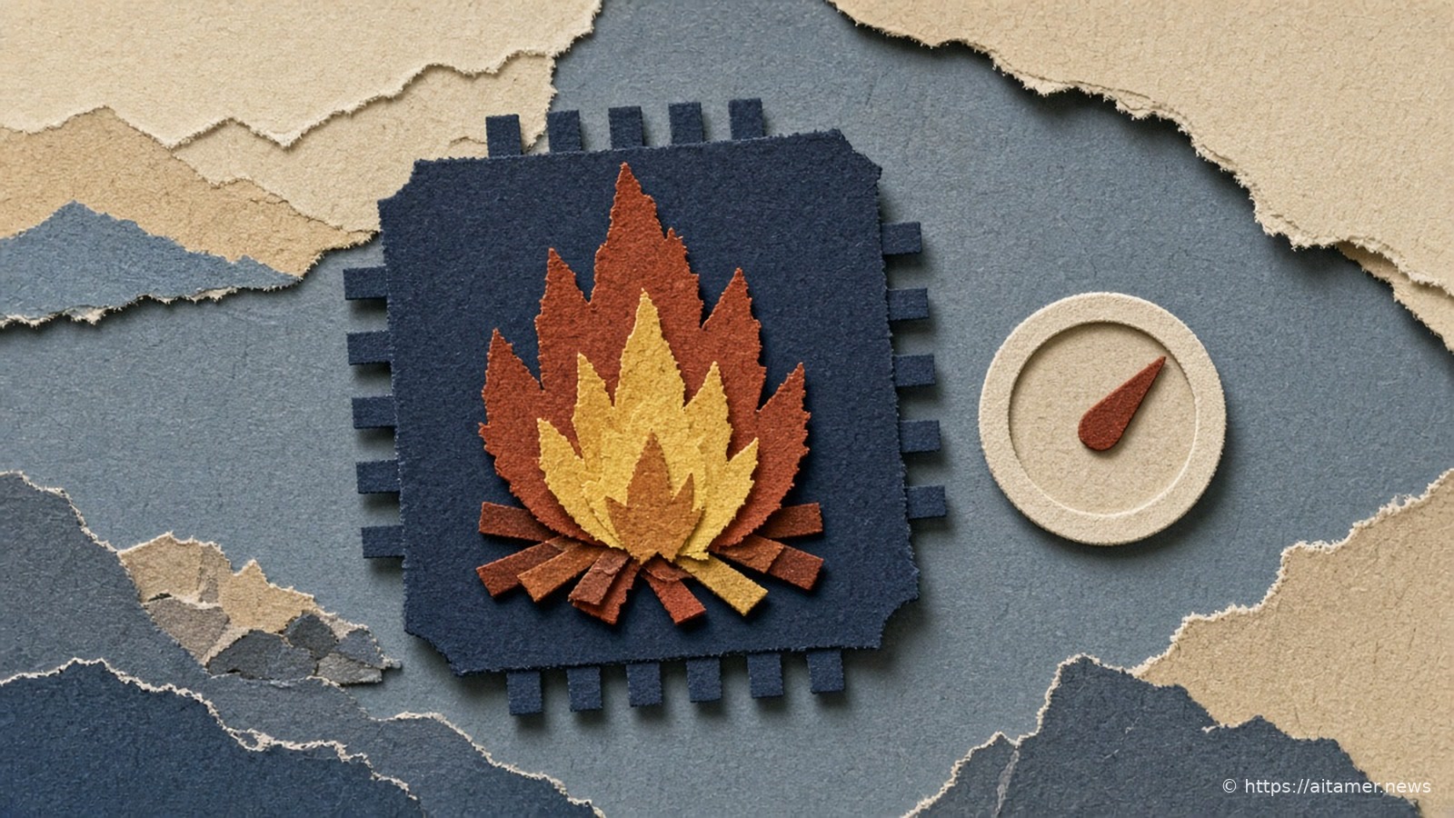 A rusty-red and sulfur-yellow paper campfire burning on a plain navy paper chip, beside an ivory paper gauge with its needle pointing high.