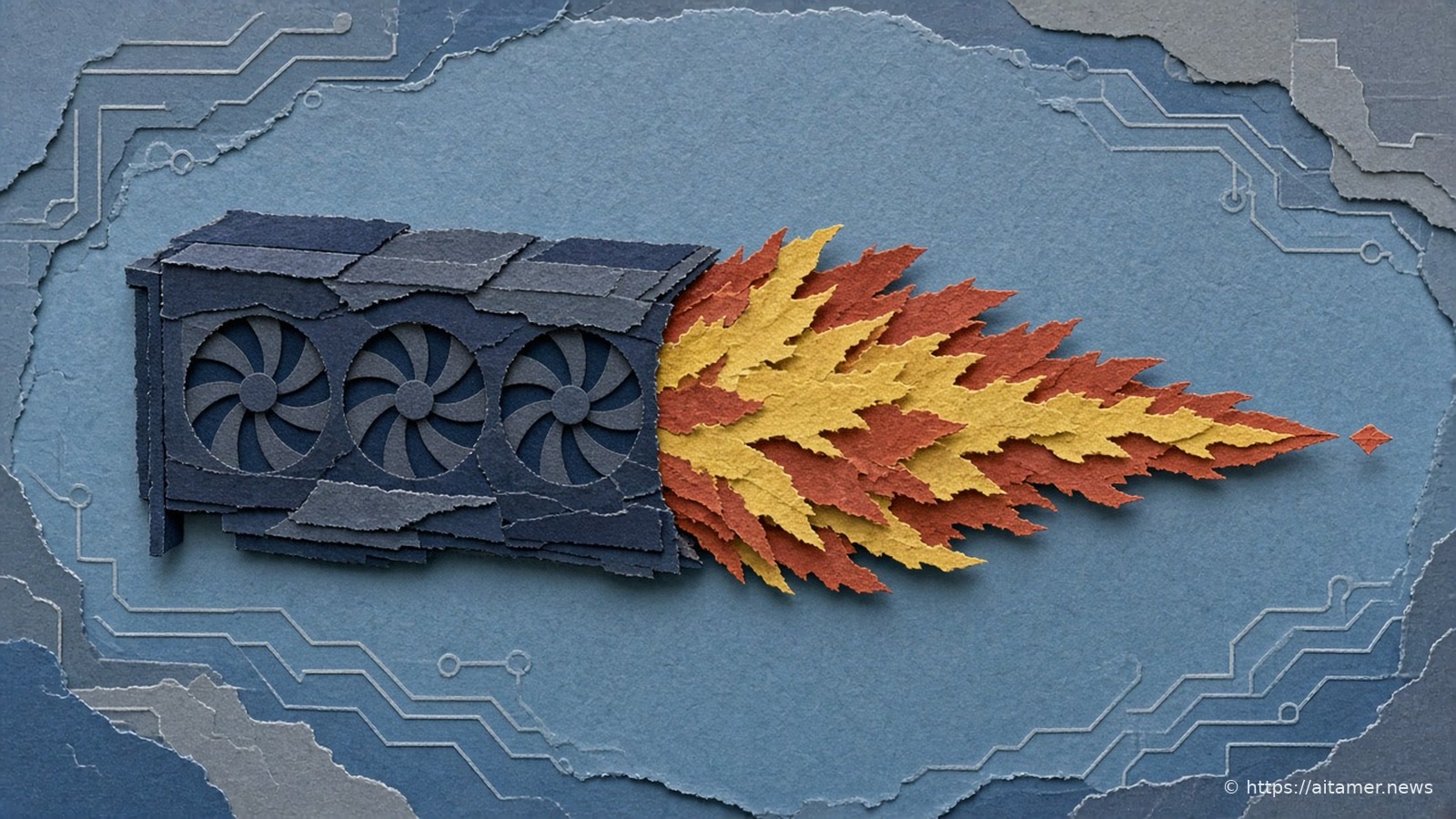 Cut-paper graphics card with three pinwheel fans, a wide burst of yellow and rust paper flames streaming from its edge and narrowing to a coral spark.